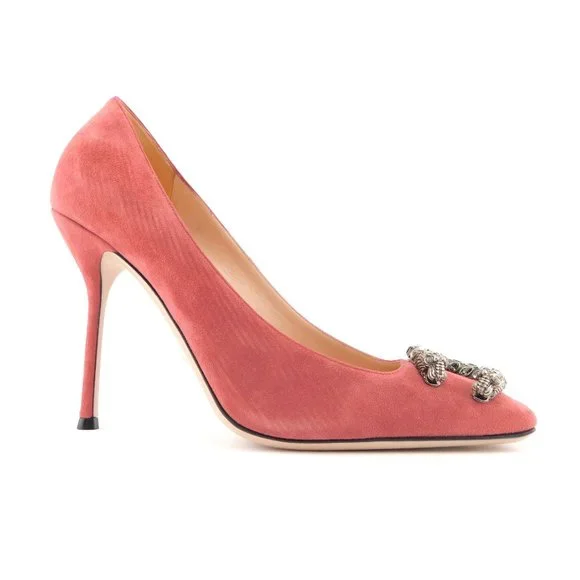 New GUCCI Crystal Tiger Snake Buckle Dusty Rose Pink Suede Leather Heel Pump 39